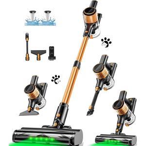 Cordless Vacuum Cleaner, 8 in 1 Vacuum Cleaner for Home with LED Display, 3 Suction Modes, 45mins Runtime Lightweight Stick Vacuum for Home Hardwood Floor, Pet Hair, Carpet (Orange)