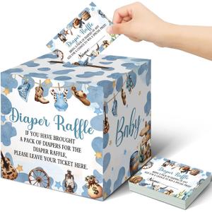 Teling 51 Pieces Diaper Raffle Tickets with Card Box Baby Shower Decorations Baby Shower Holder Box for Girl Boy Diaper Raffle Party(A Small Cowboy is on the Way), 19 x 19 x 19 cm , 12 x 8 cm