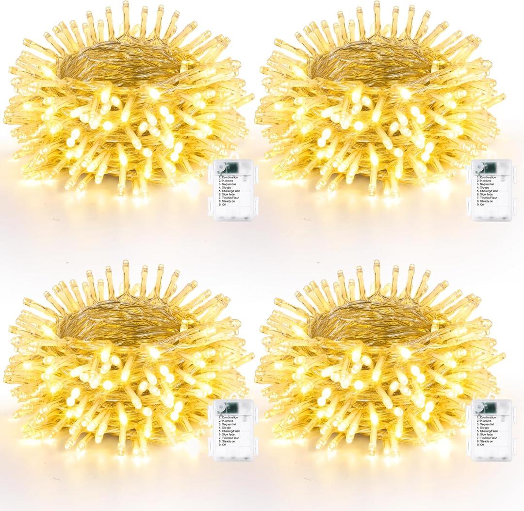 Lomotech Battery Operated Christmas Lights - 4 Pack Total 66ft 200LEDs String Lights 8 Modes Waterproof with Timer for Home, Garden, Party, Holiday, Tree Decoration (Clear Wire, Warm White)