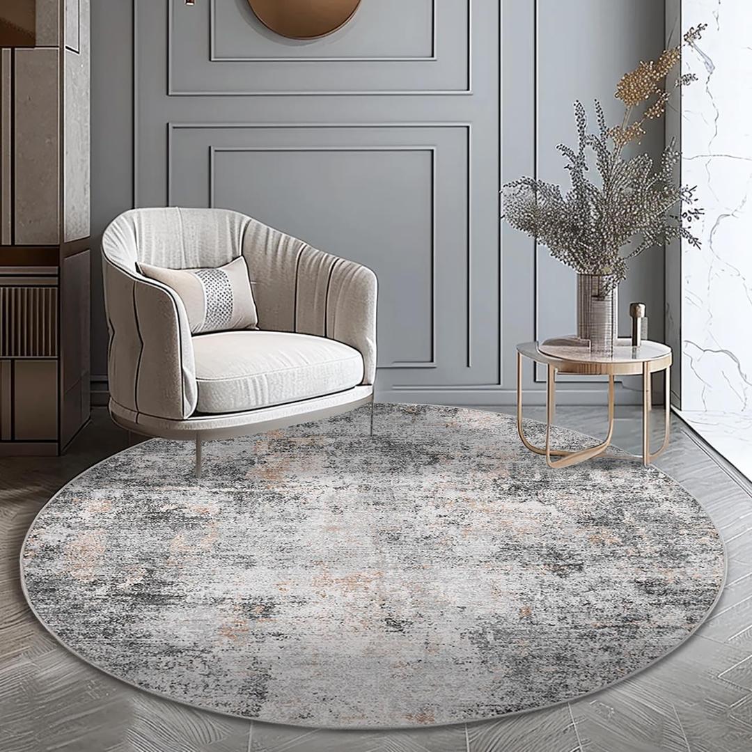 jinchan Round Rug 4ft Modern Area Rug 4' Round Circle Mat Washable Abstract Distressed Floor Cover Grey Multi Print Contemporary Non-Slip Overdyed Thin Carpet for Entryway Kitchen Living Room