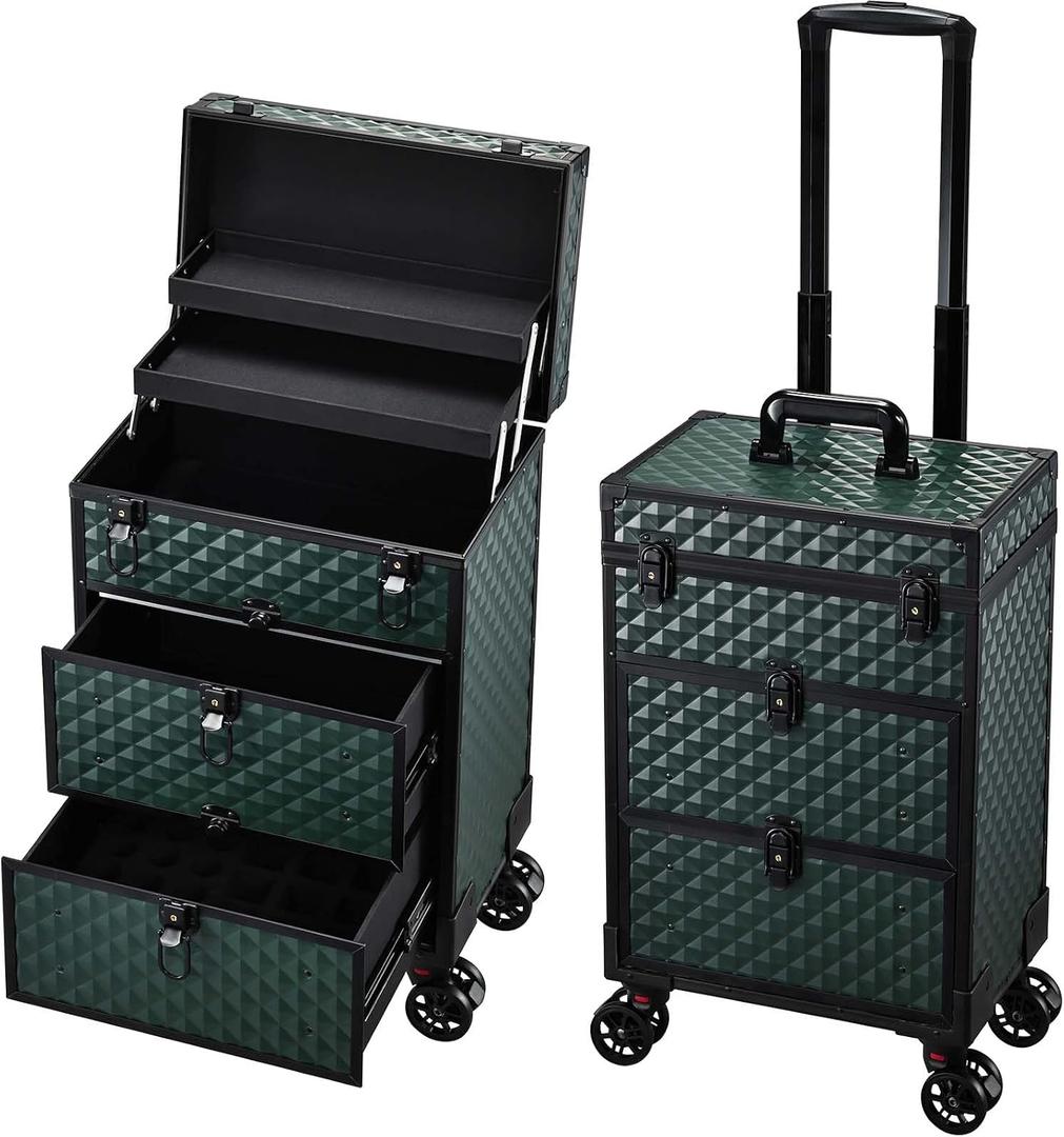 Yueieoun Rolling Makeup Train Case with Wheels 2 Large Drawers Nail Organizer Case Cosmetic Train Cases Traveling Cosmetology Case on Wheels Tattoo Carrying Case Makeup Carts Dark Green