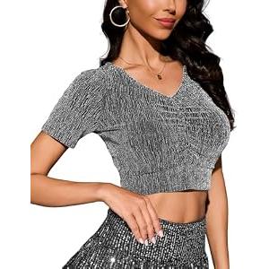 YYA Women's V Neck Sparkly Tops Short Sleeve Shirt Stretchy Ruffle Detail Slim Fit Shiny Blouse for Summer Casual & Night Out Silver, XXL
