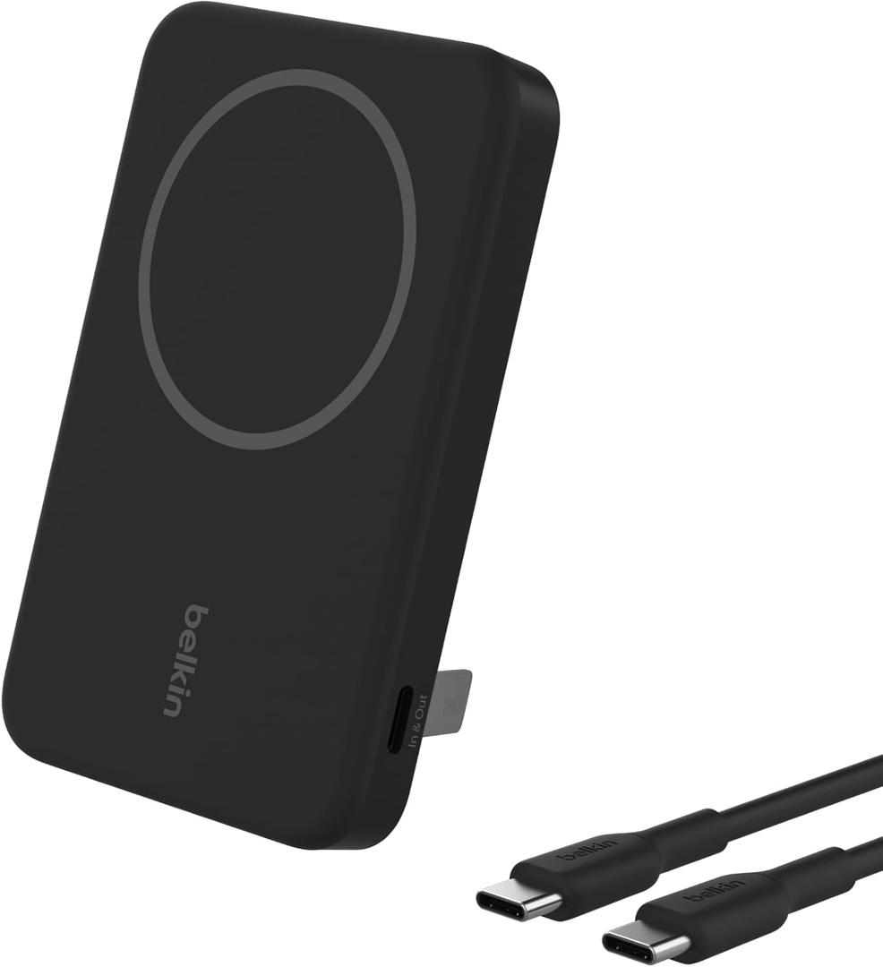 Belkin Portable Charger, Wireless Power Bank 5000mAh w/ Qi2, MagSafe Charger + Built-in Pop-up Kickstand - Compatible w/iPhone 16, 15, 14, Plus, Pro, Pro Max, & More - Black