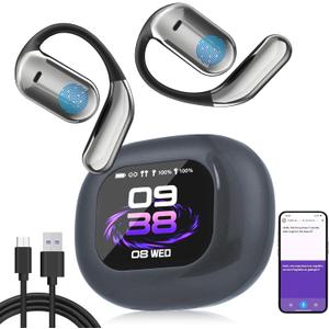 AI Real-Time Translation Earbuds, OWS LCD Touchscreen 3-in-1 Language Translator Earbuds, 144 Languages Multi-Mode Translator Earbuds for Travel Business and Learning, Compatible with iOS (Grey)