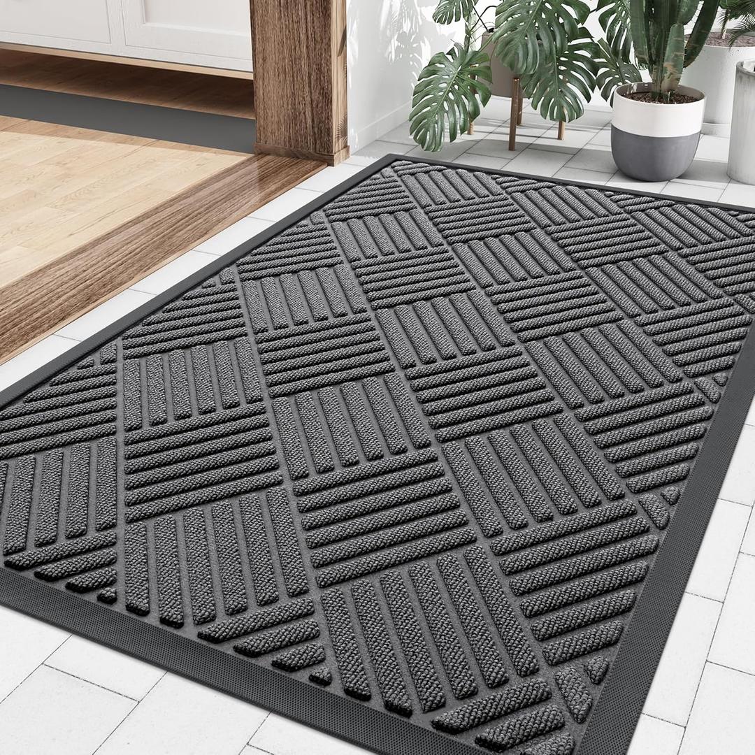 Smiry Front Door Mat Outside Entrance, Heavy Duty Outdoor Indoor Natural Rubber Doormat, Non Slip, Trap Dirt and Moisture, Easy Clean, Low Profile Patio Porch Entryway Mat, 35x23, Grey