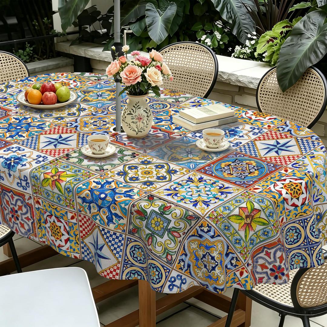 Yighty Oval Outdoor Tablecloth with Umbrella Hole 54x72In,Boho Blue Floral Outdoor Zipper Table Cloth,Waterproof and Wrinkle Resistant Washable Oval Tablecloths for Picnic,Party,Camping and BBQ