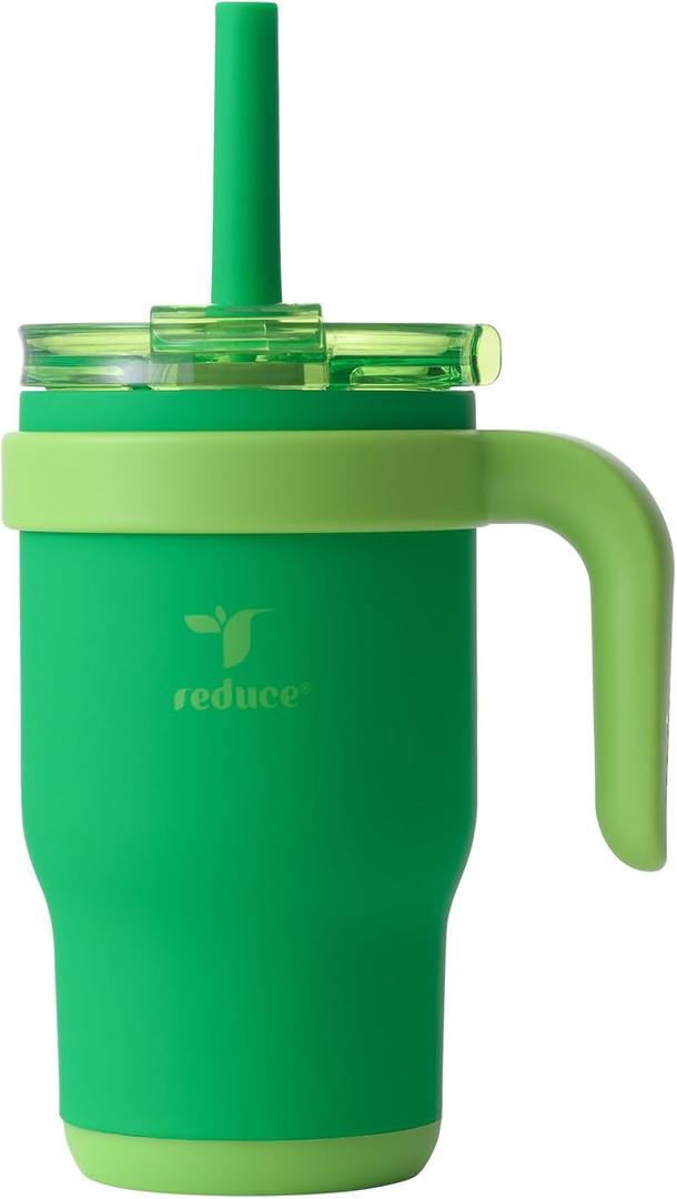 REDUCE 14 Oz Coldee Kids Tumbler with Lid and Straw - Coldee Insulated Travel Mug - Spill-Proof, Sweatproof Stainless Steel, BPA-Free - Includes Handle, Reusable Silicone Straw - Clover Green