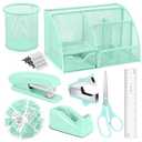 auroray Green Desk Organizers and Accessories, Teal Office Supplies Set Green Mesh Desk Organizer, Stapler, Tape Dispenser, 1000 Staples, Staple Remover, Pen Holder, Clips Set, Ruler, Scissors