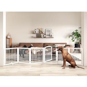 JSB 144-inch Extra Wide 30-inch Tall Dog gate with Door Walk Through, Freestanding Pet Gate for Halls, Stairs & Home, Pet Puppy Safety Dog Fence with 2PCS Support Feet 