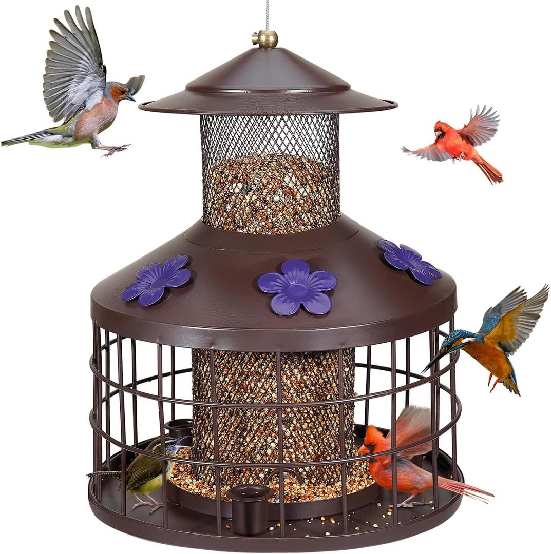 Squirrel Proof Bird Feeder with 3 Water Cups, 4.2LB Large Capacity Outdoor Hanging Bird Feeder with Metal Cage, One-Piece Design No Assembly Needed, Weather Resistant & Stylish for Garden, Yard