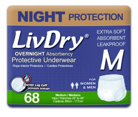 LivDry Overnight Adult Diapers for Women and Men, Max Protection Incontinence Underwear (Medium, 68-Pack)
