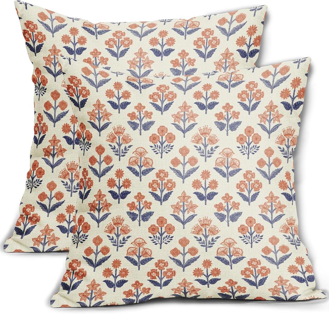 Navy Blue Orange Floral Block Print Pillow Covers 18x18 Inch Set of 2, Fall Vintage Flower Pattern Decorative Throw Pillowcases Outdoor Farmhouse Cushion Covers Seasonal Rustic Sofa Couch Bed Decor
