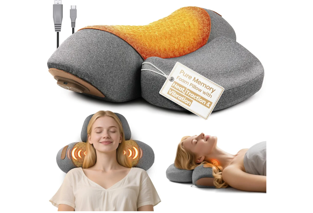 3-in-1 Neck Massager Pillow, Neck Massager for Pain Relief Deep Tissue, Massage Pillow with Heat, Vibration & Airbag Traction, 3D Ergonomic Cervical Hump Corrector Massage for Home Office
