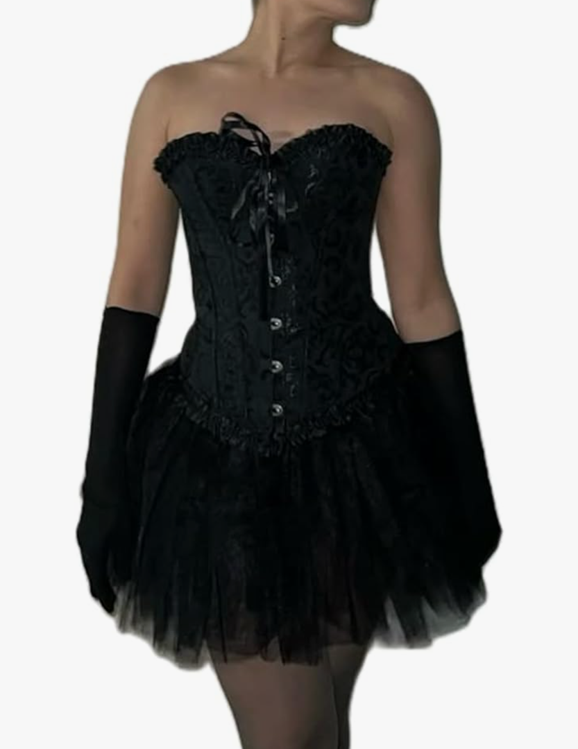 Women's Halloween Swan Cosplay Skirt Sets Ruffled Tulle Swan-Themed Costume Matching Top Elegant Spooky Outfits, M