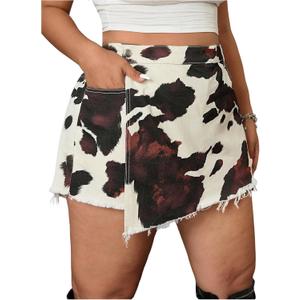 WDIRARA Women's Plus Size Cow Print Denim Skorts High Waisted Raw Hem Wrap Skirts Shorts L