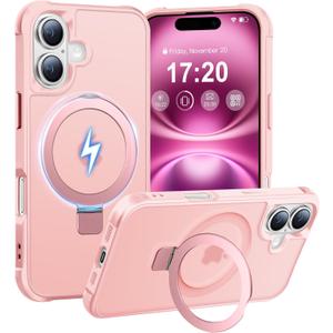 Magnetic Ring Stand Case for iPhone 16-120° rotatable Stand, N52 Magnet, Non-Slip, Matt Transparent Back, Easy to Clean, Shockproof, Military Standard Drop Protection (Pink)