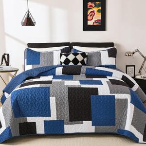 Dobuyly Grey White Blue Quilt Set Queen Size, Black White Geometric Queen Quilt with 2 Pillowshams, 3PCs Lightweight Microfiber Bedding Set, Reversible Bedspread Coverlet Set for All Season 96"x90" | Breathable