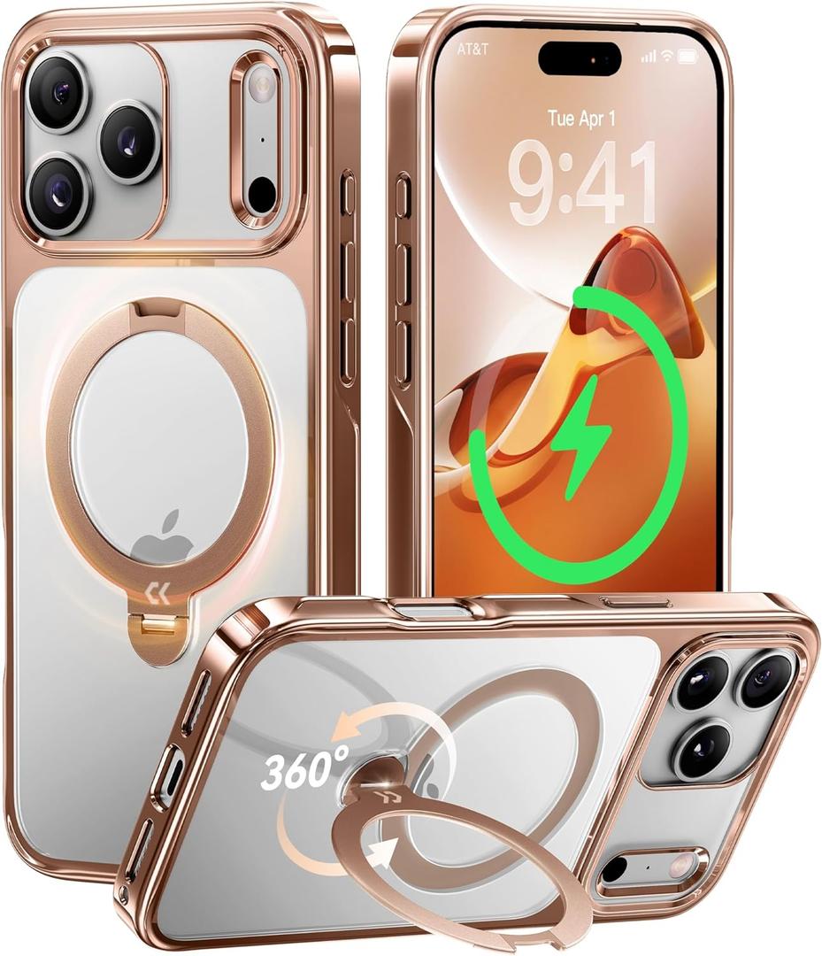 CASEKOO Rose Gold Glossy Designed for iPhone 17 Pro Case with 360 Spin Magnetic Stand [Fit for MagSafe][17FT Military Protection] Slim Polished Frame Titanium Alloy Sturdy Stand 6.3'', Rose Gold