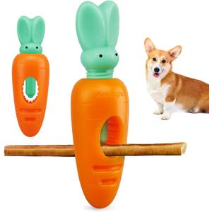 Bully Stick Holder for Dogs, Durable Dog Bone Yak Treat Chew Holder, Prevent Choking Safety Device for Pups Small Medium Dogs - No More Swallowed Ends (Bunny&Carrot Style-7in) (Holder 1.0)