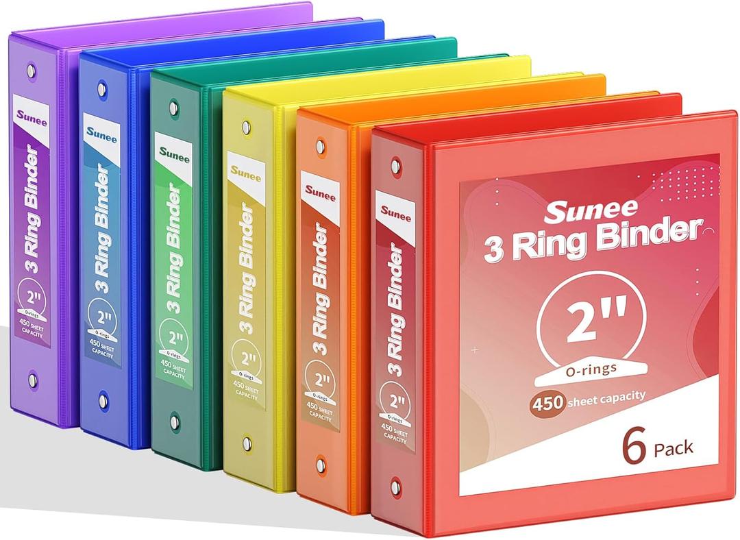 SUNEE 2 Inch Binders 3 Ring 6 Pack, Clear View Three Ring 2" Binders PVC-Free (Fit 8.5x11 Inches) for School or Office Supplies, Classic 6 Colors