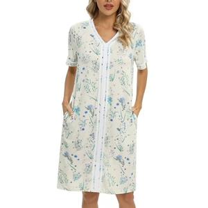 EFINNY Women Floral Short Sleeve Pajamas Robes Thin Lightweight Homewear Sleepwear with Pockets, XL