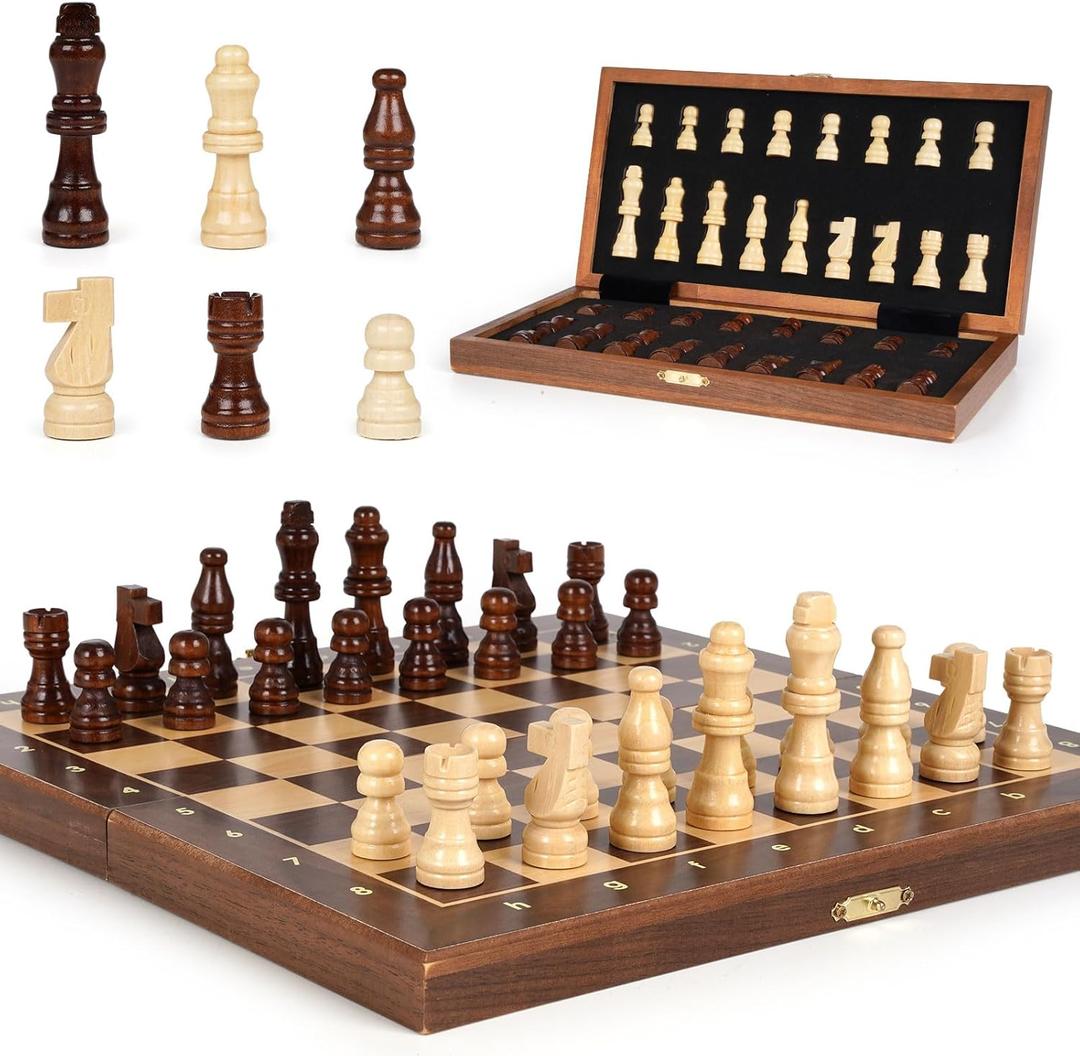 Magnetic Travel Chess Set 12-inch Wooden Magnetic Chess Board 2 Extra Queen Folding Chessboard for Storage Toys & Games for Adults Vintage Chess Game  Family Board Games Educational Toy Sets