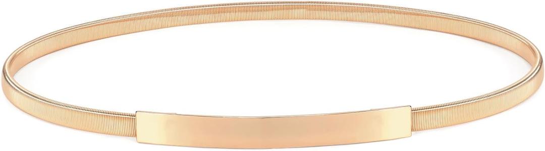 VONMELLI Skinny Metal Cinch Belt for Dress Stretch Thin Waist Belt for Women Gold/Silver (Fit Waist 30"-33" Inches, 3-smooth Buckle Gold)