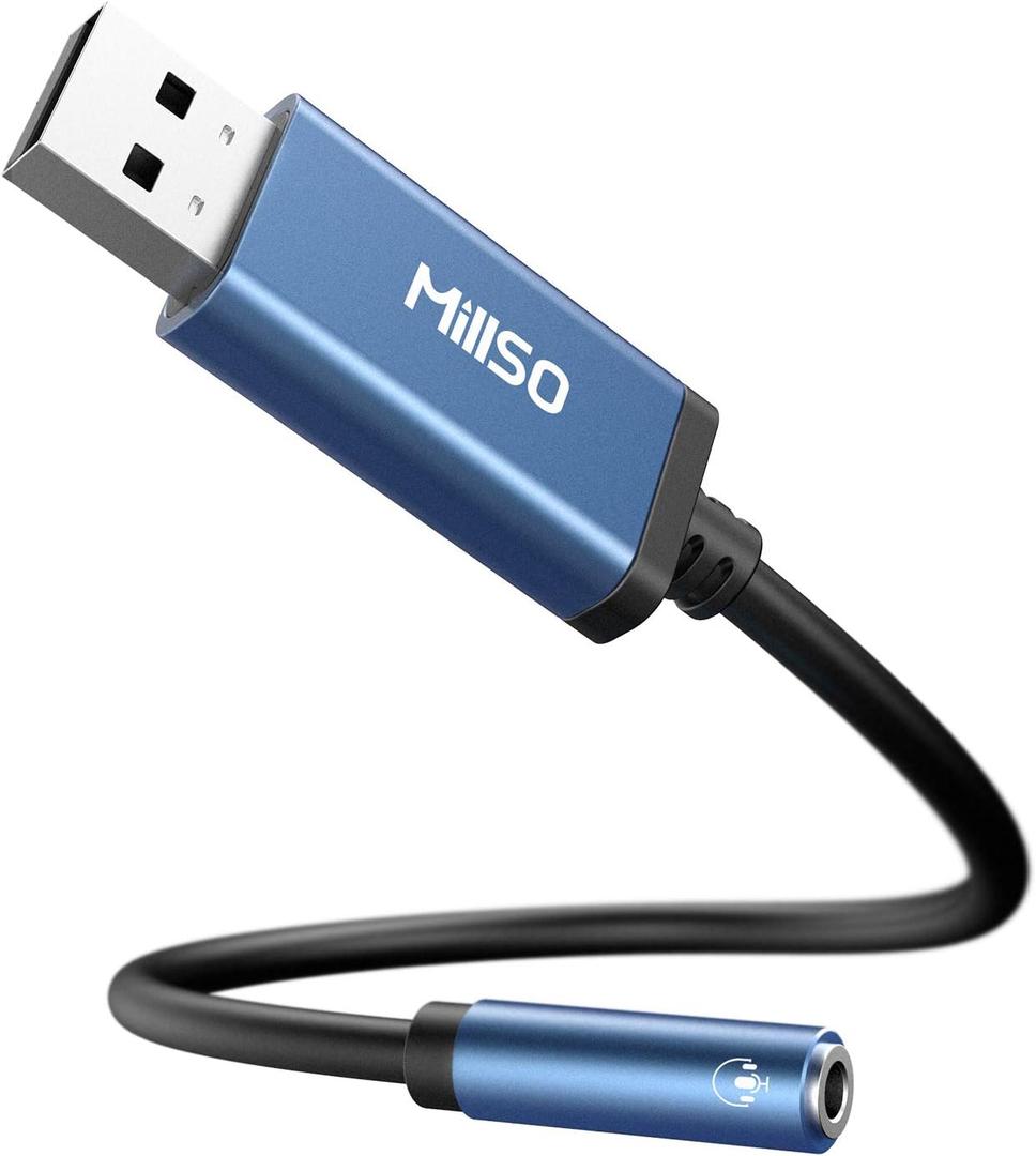 MillSO USB to 3.5mm Audio Jack Adapter, Sapphire Blue TRRS USB to AUX Audio Jack External Stereo Sound Card for Headphone, Speaker, PS4, PS5, PC, Laptop, Desktops - 1 Foot