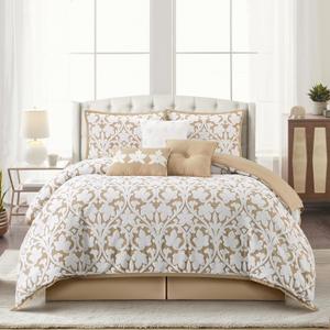 Stratford Park Floral Leaves Comforter Set, Khaki Queen Size Bedding, 7 Piece Jacquard Bedding Set, All Season, Matching Pillows, Shams, Bed Skirt