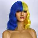 Blue and Yellow Wigs for Women Short Curly Wavy Cosplay Wig With Bangs Heat Resistant Synthetic Wigs for Daily Use With Wig Cap