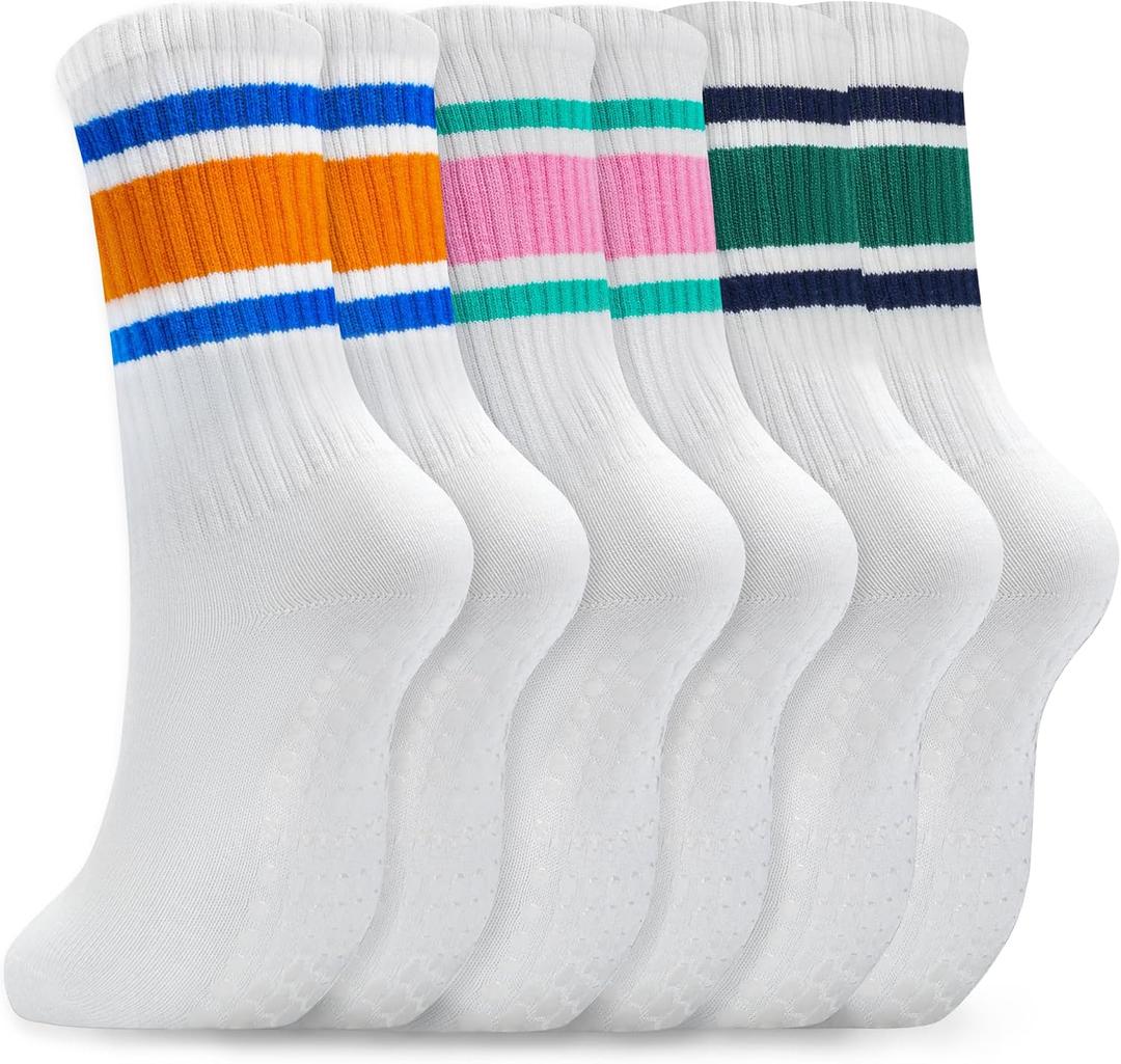 Pilates Socks for Women Non Slip, Cotton Crew Grippy Yoga Socks with Grips for Maternity Hospital Workout, 3 Pairs (White)