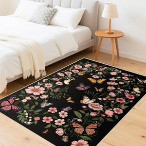 FSUVSJBGT Area Rug for Living Room 5'x7' - Floral Butterfly Print 5x7 Area Rugs for Living Room Soft Black Washable Rugs Ultra-Thin Indoor Door Mat (5'x7', Black)