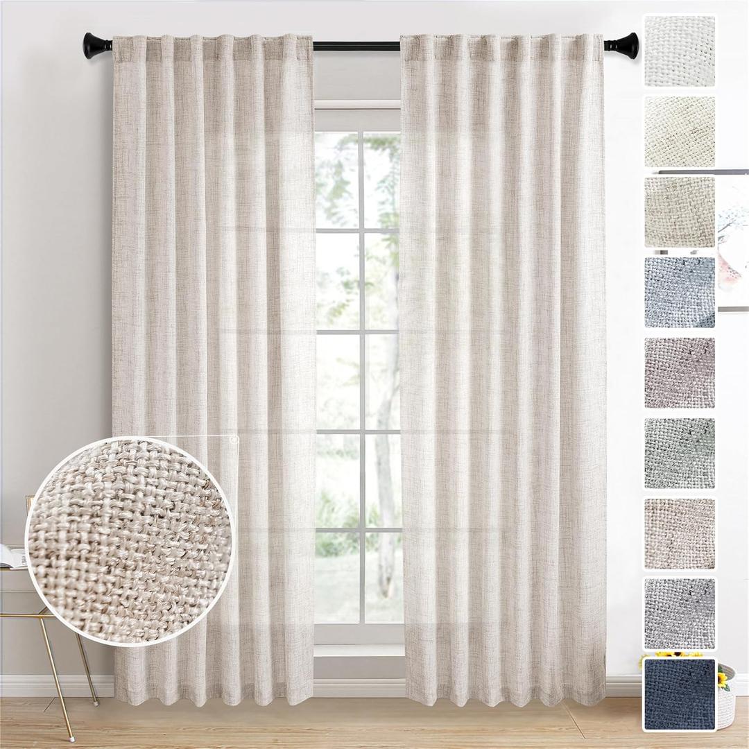 94 Inches Long Linen Sheer Curtains for Living Room 2 Panels Set, Rod Pocket Linen Textured Drapes Modern Airy Privacy Window Curtains for Bedroom Cottage Farmhouse Decor 50x94 Length