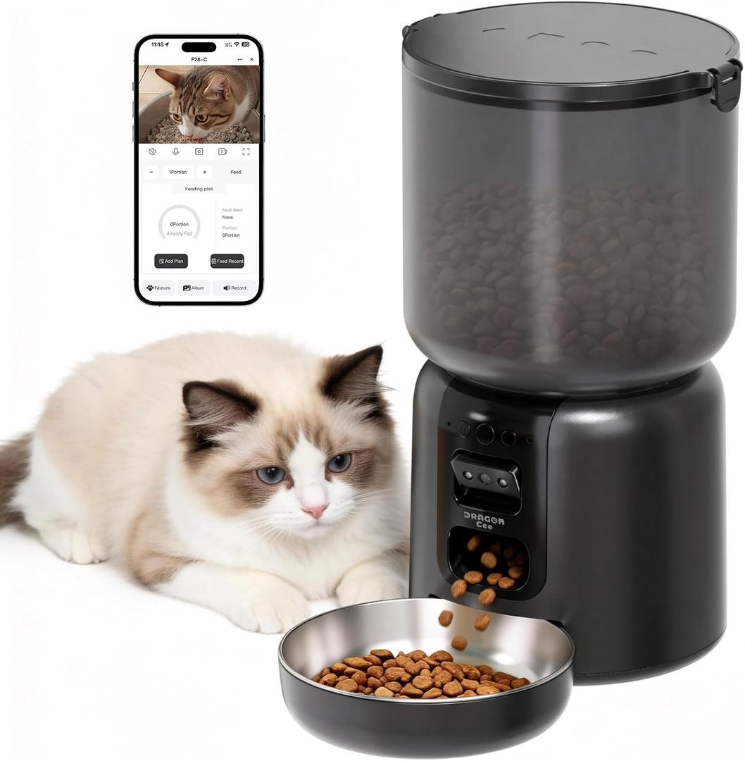 Automatic Cat Feeder with Camera 5G WiFi Timed Cat Food Dispenser, 4L Clog-Free Smart App Control Pet Feeder, 1080P HD Video with Night Vision Healthy Feeding for Small Pets Indoor