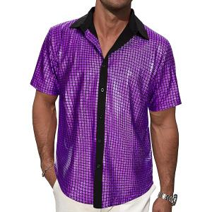 Mens 70S Disco Outfits Sequin Shirt Short Sleeve Button Down Shirts Party Novelty Shirts Nightclub Christmas Prom Costume, Size L