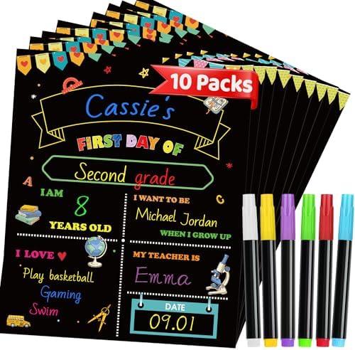 10 Packs First Day of School Sign, 12" X 10" Back to School Sign, Double-Sided Paper Chalkboard First and Last Day of Schools, Reusable Photo Prop for Kindergarten Preschool Kids with 6 Liquid Chalk,Set of 6