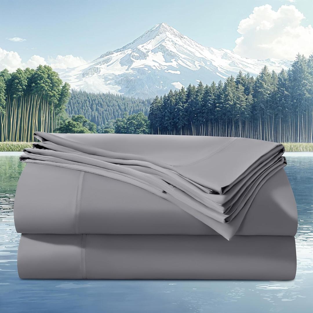 100% Viscose Derived from Bamboo_Sheets King Size 4pcs, Cooling & Breathable Bed Sheets for Hot Sleepers, Hotel Luxury Silky Bedding Sheets, 16" Deep Pocket(Grey) 100% Viscose Derived from Bamboo_Sheets King Size 4pcs, Cooling & Breathable Bed Sheets for Hot Sleepers, Hotel Luxury Silky Bedding Sheets, 16" Deep Pocket(Grey)