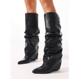 Knee High Shark Boots For Women, Fold Over Ruched Slouchy Pleated Boots With Wedge High Heels Pointed Toe Pull On Mid Calf Boots, size 7.5