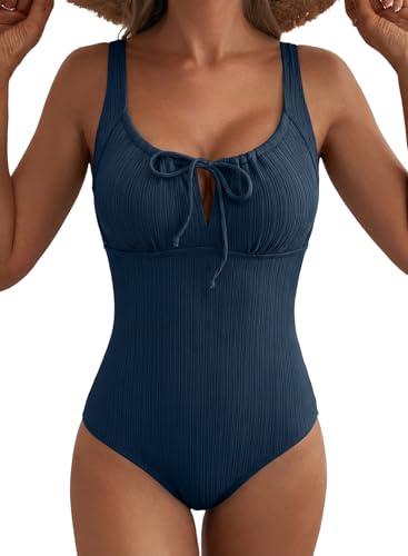 Aleumdr Textured Tummy Control Swimsuits for Women Tie Knot One Piece Bathing Suit Drawstring Slimming Vintage Swimwear Sail Blue Large
