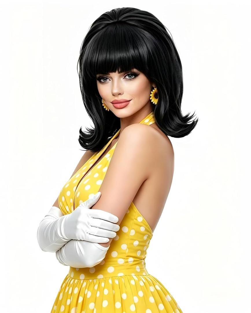 Rugelyss Short Black Wig with Bang Retro Bouffant Beehive Wigs fits 80s Costume or Halloween Party