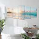 Goldfoilart 5 Pieces Beach Sunset Canvas Wall Art Blue Sea Prints Romantic Ocean Waves Pictures Painting for Living Room Bedroom Home Decorations Wall Decor Ready to Hang, 12x20Inchx2pcs+12x26Inchx2pcs+12x32Inch x1pc