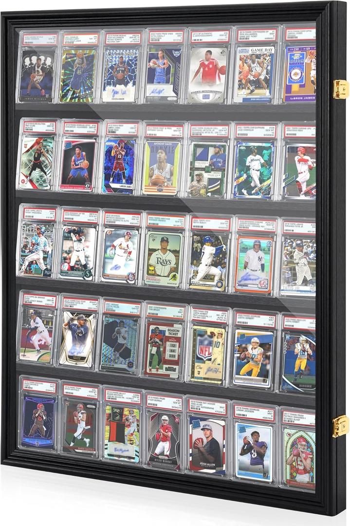 WELIDAY Graded Sports Card Display Case - 35 Baseball Sports Card Display Frame with UV Protection, Clear View Lockable Wall Cabinet for Collectible Trading Card