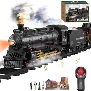 Electric Remote Control Train Set Christmas Trains Steam Locomotive, Cargo Car & Tracks, Rechargeable Train Toys for Kids w/3 Smoke,Whistle & Lights, Christmas Birthday Gift for Boys Girls 3 4 5 6 7