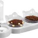 Marchul Raised Three Cat Dishes for Food and Water, Pet Feeding Bowls with Automatic Water Bottle
