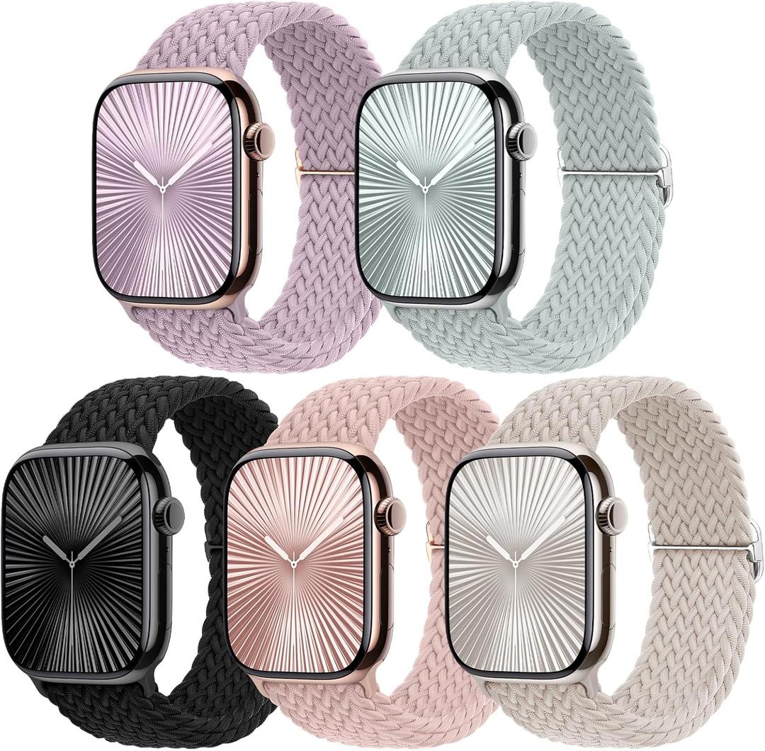 5 Pack Braided Stretchy Bands Compatible with Apple Watch Bands Women Men 38mm 40mm 41mm 42mm 44mm 45mm 46mm 49mm,Nylon Solo Loop Elastic Straps Cloth Wristbands for iWatch All Series 1-10 SE Ultra (Starlight-Silver/Series8-Succulent/Light Purple/Pink Sand/Black)