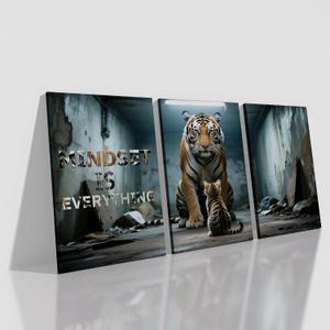 QYHART Inspirational Posters for Office 3 Piece Canvas Wall Art, Mindset Is Everything Tiger Kitten Gritty Triptych Wall Decor for Home Office Classroom, Framed Canvas 48x24 Inch
