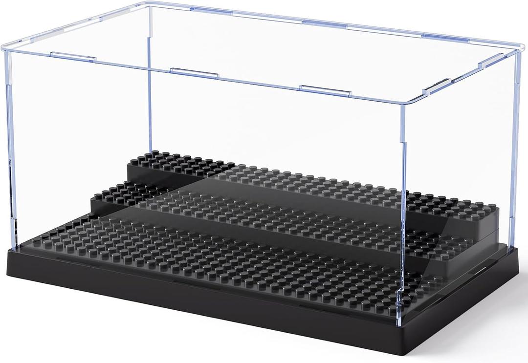 Mlikero Minifigure Display Case for Action Figures Blocks, Clear Dustproof Acrylic Display Box Storage with 3 Movable Steps Gifts for Children,Black