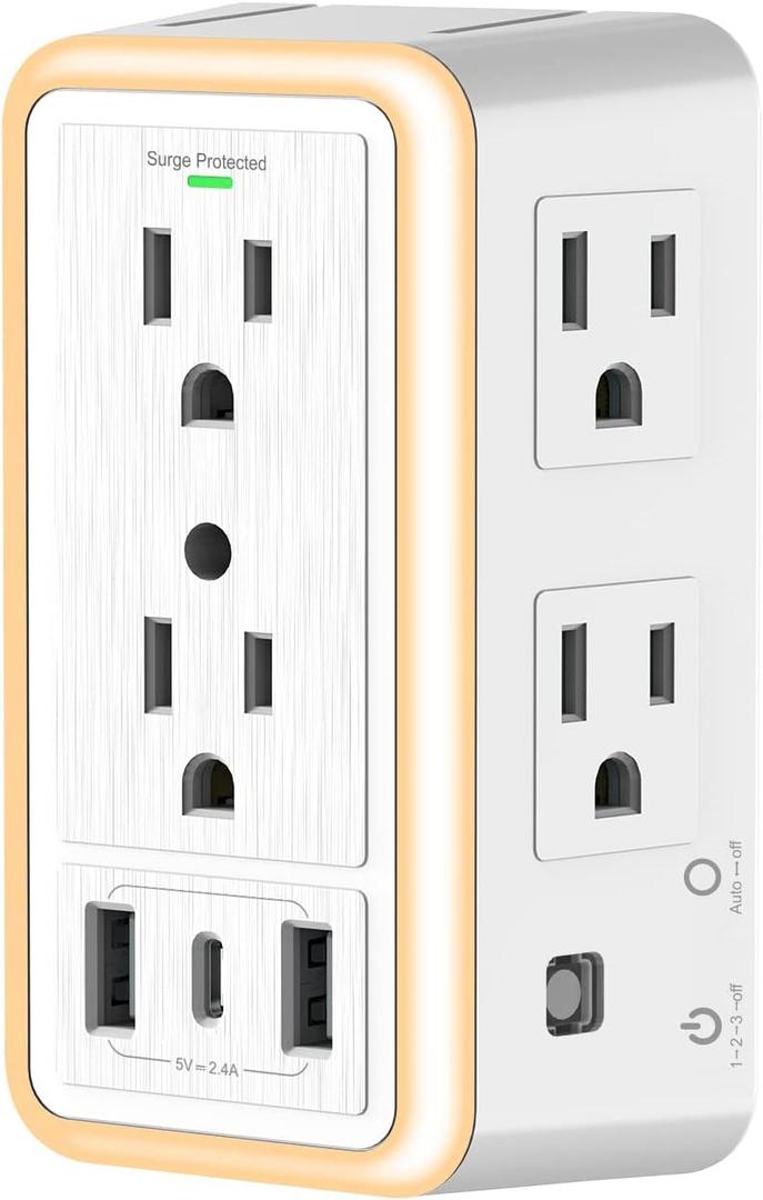 Wall Outlet Extender with Night Light, Multi Plug wall Outlet 6 Outlet Extender with 3 USB Ports (1 USB C), 3-Sided Power Strip with Adapter Spaced Outlets, ETL Listed, 1500 Joules for Home Office