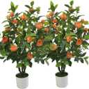Artificial Camellia Tree 35in Faux Floral Plant with Orange Flowers and Green Leaves - No Maintenance Indoor Outdoor Office Home Porch Decor Housewarming Gift(2-PackOrange)