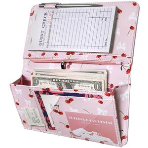 Zreal Cute Server Book for Waitress, Waiter Book with Zipper and Magnetic Pocket, Cherry & Bow Print Serving Book for Waitstaff in Restaurants, Leather Waitstaff Organizer Fits Server Aprons(Pink)